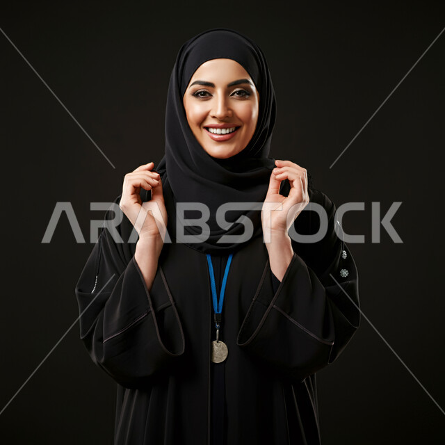 تعابير السرور والسعادة، مفهوم الأنوثة والنعومة، بورتريه مقرب لامرأة عربية خليجية سعودية مبتسمة ترتدي الحجاب والعباءة وميدالية فضية تنظر إلى الكاميرا بإيماءات الثقة بالنفس والفرح، الاهتمام بالأناقة والمظهر الخارجي، خلفية سوداء