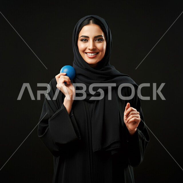 تعابير السرور والسعادة، مفهوم الأنوثة والنعومة، بورتريه مقرب لامرأة عربية خليجية سعودية مبتسمة ترتدي الحجاب والعباءة تحمل بيدها كرة زرقاء صغيرة تنظر إلى الكاميرا، إيماءات الثقة بالنفس والفرح، الاهتمام بالأناقة والمظهر الخارجي، خلفية سوداء