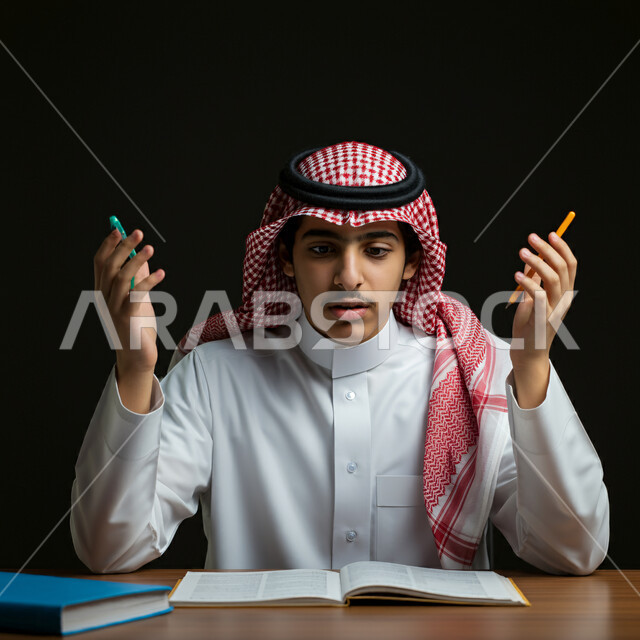 التساؤل والاستغراب والاستفسار من أمر ما، الإستفهام حول موضوع معين، بورتريه لطالب عربي خليجي سعودي يرتدي الثوب التقليدي والشماغ يدرس للاختبارات يرفع يديه نحو الأعلى بإيماءات عدم المعرفة، الغموض وعدم الوضوح، خلفية سوداء