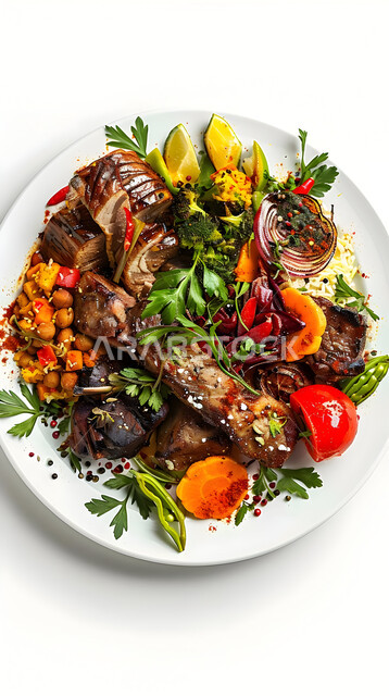 فن الطهي والشواء، طبق من قطع لحم الضأن الشهية مع الخضراوات, وصفات اللحومات المشوية بالنكهات المتميزة، مطاعم للمأكولات الشرقية في المملكة العربية السعودية، وجبات اللحم الصحية والمغذية، وجبة غذائية غنية بالبروتين