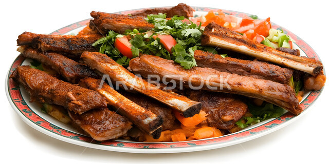 فن الطهي والشواء، طبق من قطع لحم الضأن الشهية مع الخضراوات, وصفات اللحومات المشوية بالنكهات المتميزة، مطاعم للمأكولات الشرقية في المملكة العربية السعودية، وجبات اللحم الصحية والمغذية، وجبة غذائية غنية بالبروتين