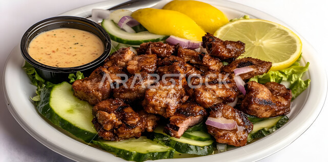 فن الطهي والشواء، طبق من قطع لحم الضأن الشهية مع الخضراوات, وصفات اللحومات المشوية بالنكهات المتميزة، مطاعم للمأكولات الشرقية في المملكة العربية السعودية، وجبات اللحم الصحية والمغذية، وجبة غذائية غنية بالبروتين