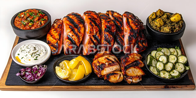 فن الطهي والشواء، طبق من قطع لحم الضأن الشهية مع الخضراوات, وصفات اللحومات المشوية بالنكهات المتميزة، مطاعم للمأكولات الشرقية في المملكة العربية السعودية، وجبات اللحم الصحية والمغذية، وجبة غذائية غنية بالبروتين