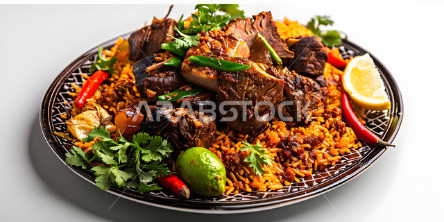  ولائم وأطباق عربية تقليدية شعبية، طبق من أرز الكبسة مع قطع اللحم المحمرة، وصفات المأكولات والوجبات الشرقية الشهية، مطابخ ومطاعم المملكة العربية السعودية، صحن من البرياني باللحم الدسم، مهارة إعداد وصفة المندي الخليجي المشهورة بالتوابل الغنية بالنكهات