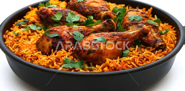 Traditional popular Arabic banquets and dishes, a plate of Kabsa rice with roasted meat pieces, recipes for delicious oriental foods and meals, kitchens and restaurants in the Kingdom of Saudi Arabia, a plate of biryani with fatty meat, the skill of preparing the famous Gulf Mandi recipe with spices rich in flavors