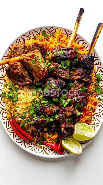  ولائم وأطباق عربية تقليدية شعبية، طبق من أرز الكبسة مع قطع اللحم المحمرة، وصفات المأكولات والوجبات الشرقية الشهية، مطابخ ومطاعم المملكة العربية السعودية، صحن من البرياني باللحم الدسم، مهارة إعداد وصفة المندي الخليجي المشهورة بالتوابل الغنية بالنكهات