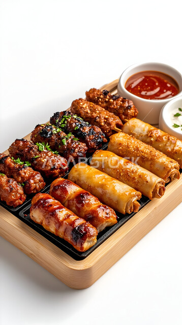 فنون التقديم في مطاعم ومطابخ المملكة العربية السعودية، وصفات طعام شهية صحية لذيذة، وجبة ذات قيمة غذائية، مفهوم الولائم والعزائم، أطباق من المأكولات العربية التقليدية الشعبية، طبق من النقانق مع لفائف المخبوزات والصلصات المتنوعة