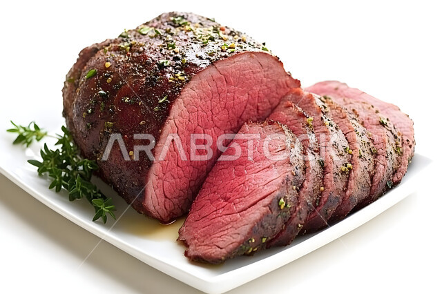اللحوم البقرية المشوية الشهية، مطاعم للمأكولات العربية الشرقية، أطعمة غنية بالبروتين، صورة مقربة لستيك اللحم المطبوخة والمزينة بالأعشاب، وجبة ذات قيمة غذائية عالية, وصفات المطبخ السعودي الغني بالنكهات