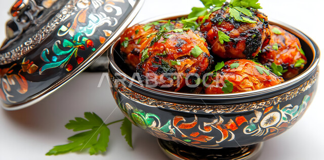 وصفات الدجاج المشوية بنكهات متنوعة، طبق مليء بكرات اللحم المحمرة والمزينة بالبقدونس، مطاعم للمأكولات العربية الشرقية, أطعمة وأغذية صحية, وجبات اللحم الضأن الشهية الساخنة، فنون التقديم في مطابخ المملكة