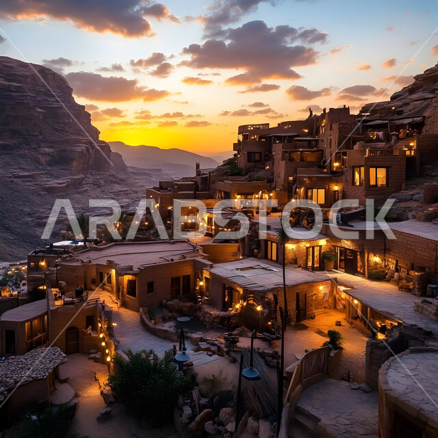 التضاريس و المرتفعات في المناطق الجبلية الوعرة, طبيعة الجبال الصخرية في المملكة العربية السعودية, البيوت الحجرية القديمة في أحدى القرى وقت غروب الشمس, الفن الهندسي المعماري على الطراز القديم