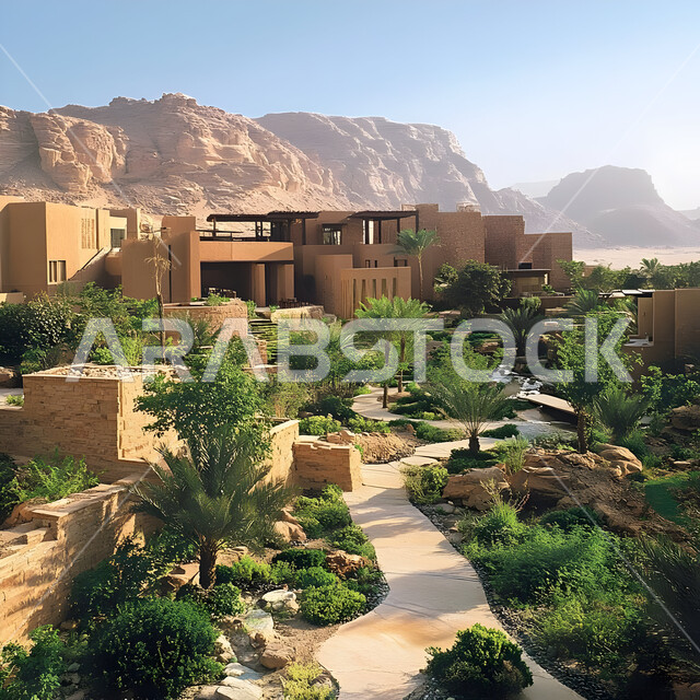 البيوت الحجرية الطينية القديمة في أحدى القرى, الفن الهندسي المعماري على الطراز القديم، التضاريس و المرتفعات في المناطق الجبلية الوعرة, طبيعة الجبال الصخرية في المملكة العربية السعودية, الاهتمام بزراعة أشجار النخيل وسط مناطق البادية