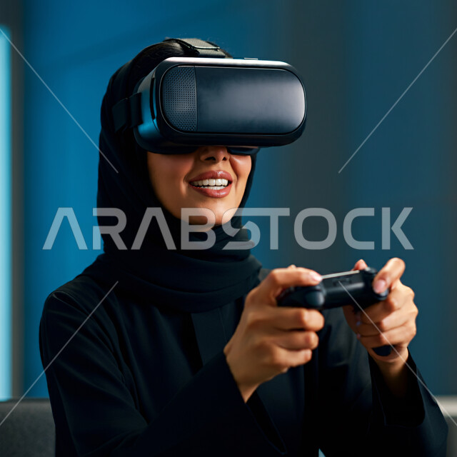 استخدام الأجهزة التقنية الحديثة، شابة عربية خليجية سعودية ترتدي الحجاب والعباءة تضع نظارات الواقع الإفتراضي تمسك بيدها عصا التحكم عن بعد، الاستمتاع بألعاب الفيديو، قضاء أوقات الفراغ في التسليه والترفيه