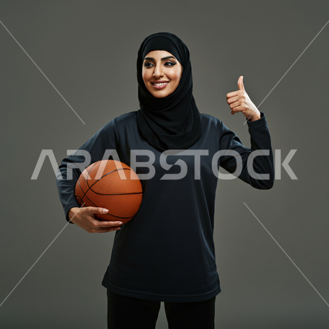 أسلوب الحياة الصحية، بورتريه مقرب لفتاة عربية خليجية سعودية ترتدي الحجاب والملابس الرياضية تحمل بيدها كرة السلة تنظر إلى شيء ما بإيماءات الفرح والثقة بالنفس، المحافظة على اللياقة البدنية، أنشطة رياضية نسائية، خلفية رمادية