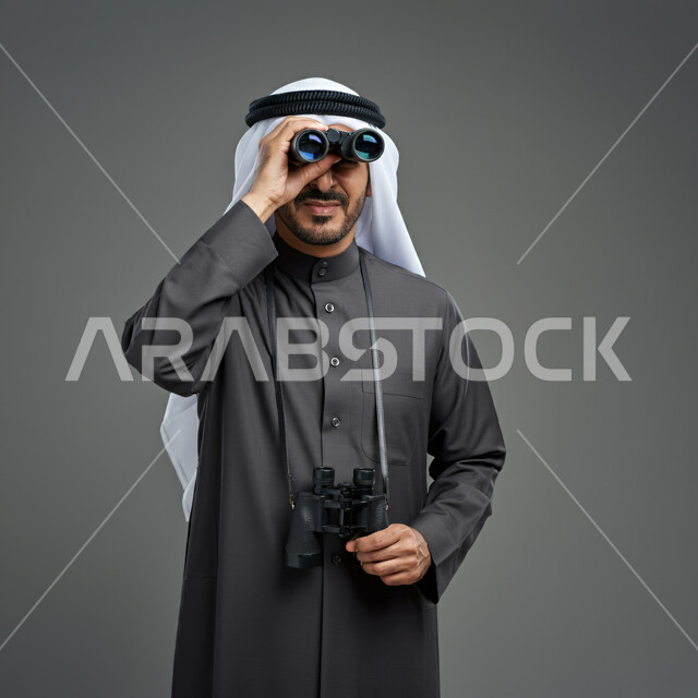 التخطيط المستقبلي للأهداف والطموحات، حب الاستكشاف والمغامرة، بورتريه مقرب لرجل عربي خليجي سعودي يرتدي الثوب التقليدي والشماغ يحمل بيده المنظار ثنائي العينين ينظر من خلاله إلى شيء ما، استخدام الأجهزة الحديثة لرؤية الأشياء البعيدة، خلفية رمادية