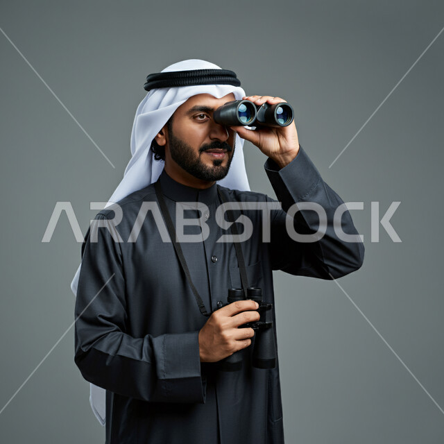 استخدام الأجهزة الحديثة لرؤية الأشياء البعيدة، حب الاستكشاف والمغامرة، بورتريه مقرب لرجل عربي خليجي سعودي يرتدي الثوب التقليدي والشماغ يحمل بيده المنظار ثنائي العينين ينظر من خلاله إلى شيء ما، التخطيط المستقبلي للأهداف والطموحات، خلفية رمادية