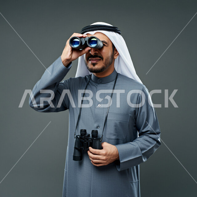 التخطيط المستقبلي للأهداف والطموحات، حب الاستكشاف والمغامرة، بورتريه مقرب لرجل عربي خليجي سعودي يرتدي الثوب التقليدي والشماغ يحمل بيده المنظار ثنائي العينين ينظر من خلاله إلى شيء ما، استخدام الأجهزة الحديثة لرؤية الأشياء البعيدة، خلفية رمادية