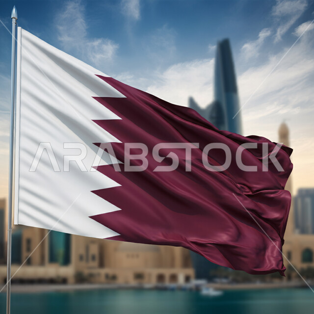 أعلام الدول العربية، صورة مقربة لعلم دولة قطر معلق يرفرف في السماء، الرموز الوطنية القطرية، اليوم الوطني القطري، مفهوم حب الوطن والانتماء إليه