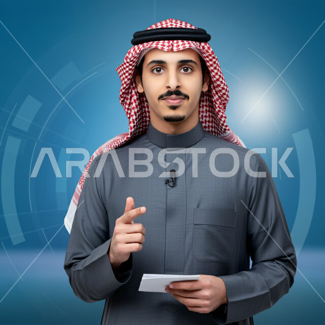 إيماءات الجدية والثقة بالنفس، بورتريه مقرب لمذيع عربي خليجي سعودي يرتدي الثوب التقليدي والشماغ يحمل مجموعة أوراق يشير بيده إلى شيء ما، قراءة النشرات الإخبارية، أخبار عالمية عاجلة ومتنوعة، خلفية زرقاء