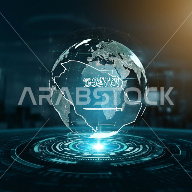 Digital development and technological growth in the field of artificial intelligence, the logo and banner of Islam and monotheism, 3D holograms of the map of the Kingdom of Saudi Arabia, Saudi Vision 2030