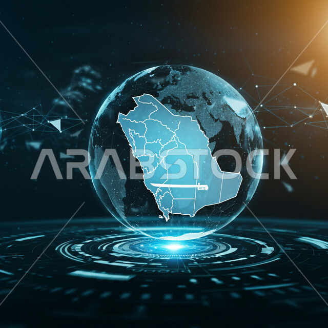 التطور الرقمي والنمو التكنولوجي في مجال الذكاء الإصطناعي، حب الوطن والإنتماء له، رسوم هولوجرامية ثلاثية الأبعاد لخريطة المملكة العربية السعودية، رؤية مستقبلية سعودية 2030