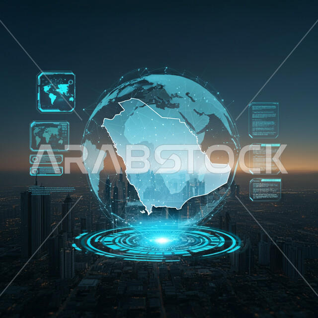 التطور الرقمي والنمو التكنولوجي في مجال الذكاء الإصطناعي، حب الوطن والإنتماء له، رسوم هولوجرامية ثلاثية الأبعاد لخريطة المملكة العربية السعودية، رؤية مستقبلية سعودية 2030