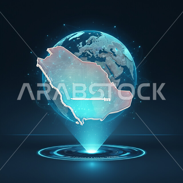 التطور الرقمي والنمو التكنولوجي في مجال الذكاء الإصطناعي، حب الوطن والإنتماء له، رسوم هولوجرامية ثلاثية الأبعاد لخريطة المملكة العربية السعودية، رؤية مستقبلية سعودية 2030