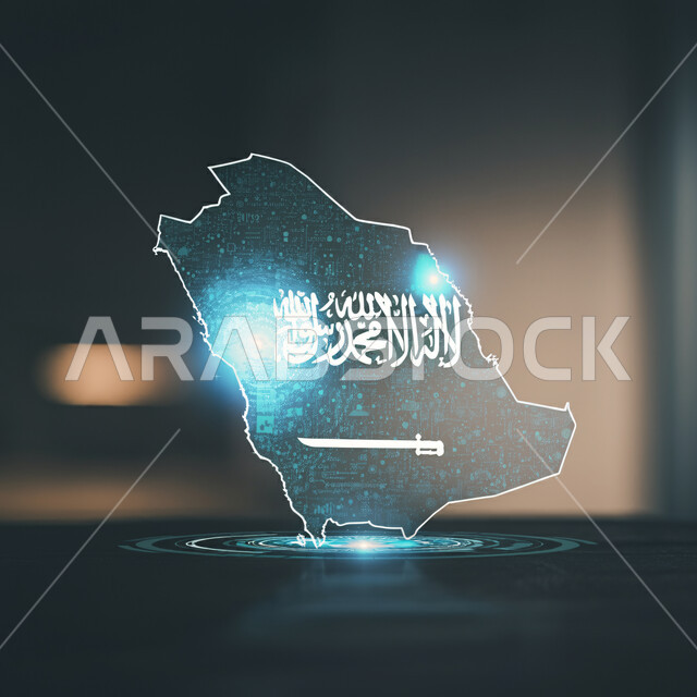 التطور الرقمي والنمو التكنولوجي في مجال الذكاء الإصطناعي، شعار وراية الإسلام والتوحيد، رسوم هولوجرامية ثلاثية الأبعاد لخريطة المملكة العربية السعودية، رؤية مستقبلية سعودية 2030