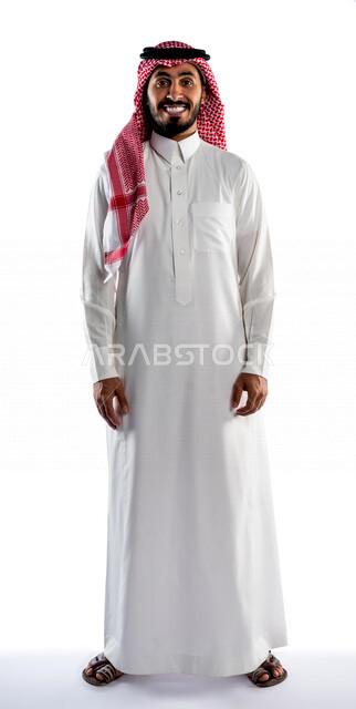 Portrait of a smiling Saudi Gulf man doing a photo session looking at the camera with different facial and hand gestures, Hollywood smile, beautiful bright white teeth, white background of a Saudi Muslim man wearing traditional Saudi costume with shemagh