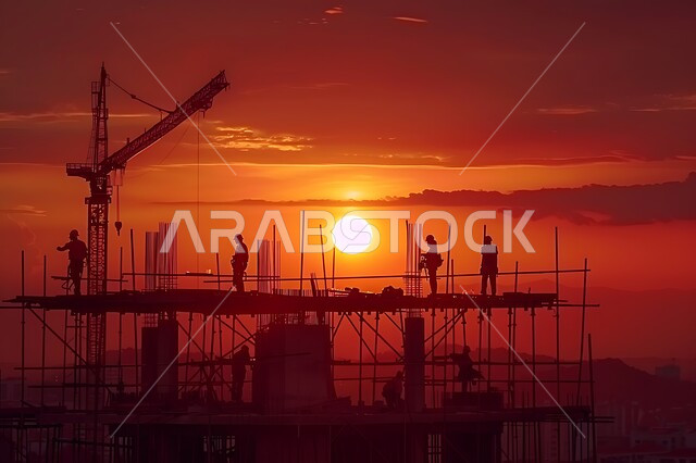 برج تحت التشييد باستخدام الآليات الحديثة في المملكة العربية السعودية, أعمال البناء وصب الخرسانات ووضع الأساسات, تنفيذ مخطط الإعمار وتشكيل الهيكل المعدني, صورة ظلية للآلات والمعدات الثقيلة والرافعات والسقالات العالية, مفهوم الهندسة الانشائية والمعمارية, سالويت