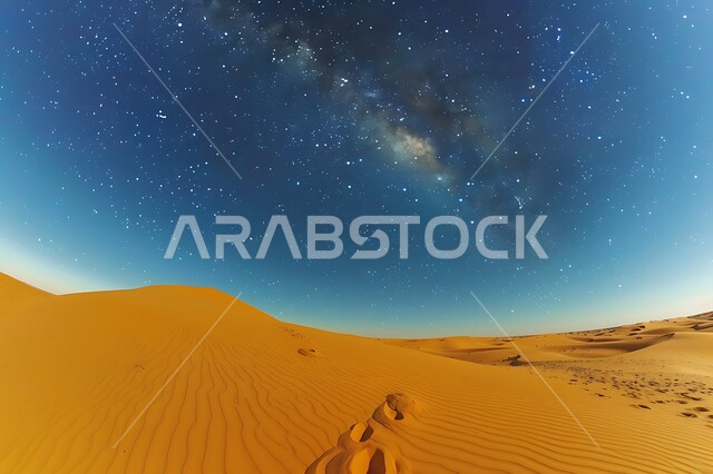 منظر لمجرة درب التبانة والنجوم اللامعة في سماء السعوديه, التضاريس والمرتفعات والكثبان الرملية في المملكة وقت الليل، الرمال الذهبية الناعمة، البيئة الصحراوية في الصحراء العربية، خلفية الطبيعة