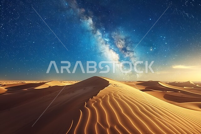 منظر لمجرة درب التبانة والنجوم اللامعة في سماء السعوديه, التضاريس والمرتفعات والكثبان الرملية في المملكة وقت الليل، الرمال الذهبية الناعمة، البيئة الصحراوية في الصحراء العربية، خلفية الطبيعة