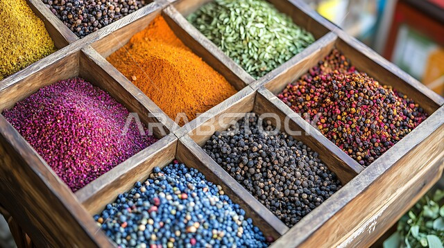 محاصيل وطنية من مزارع المملكة العربية السعودية, نباتات ذات فوائد صحية وعلاجية، عرض التوابل الملونة والمتنوعة، منكهات وملونات طبيعية للمأكولات والأطعمة, الاسواق التقليدية الشعبية لبيع البهارات والعطريات، منتجات زراعية محلية