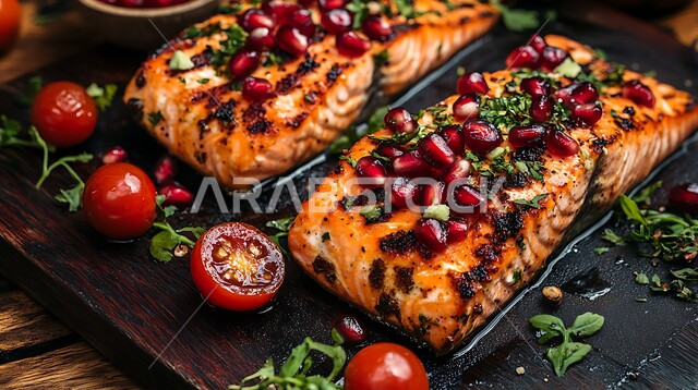 سمك السلمون المشوي مع الرمان والطماطم الكرزية, وجبة ذات قيمة غذائية عالية، فنون التقديم في مطاعم ومطابخ المملكة العربية السعودية، أطباق من المأكولات العربية التقليدية الشعبية، وصفات طعام شهية صحية ولذيذة