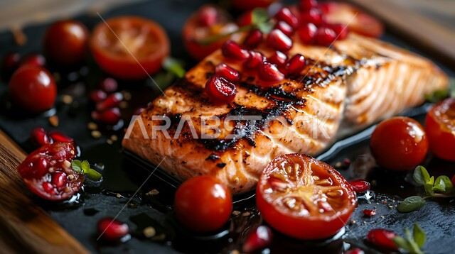 سمك السلمون المشوي مع الرمان والطماطم الكرزية, وجبة ذات قيمة غذائية عالية، فنون التقديم في مطاعم ومطابخ المملكة العربية السعودية، أطباق من المأكولات العربية التقليدية الشعبية، وصفات طعام شهية صحية ولذيذة