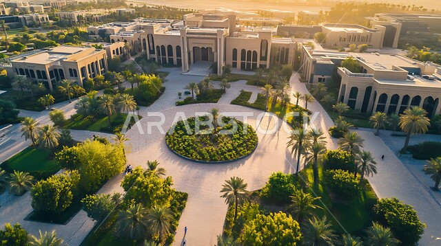 الاهتمام في زراعة النباتات الخضراء و التشجير, مفهوم التعليم العالي في المملكة, الحدائق و المباني على الطراز العربي التقليدي في وقت النهار ,صورة من الاعلى للفن الهندسي المعماري للجامعات في السعودية