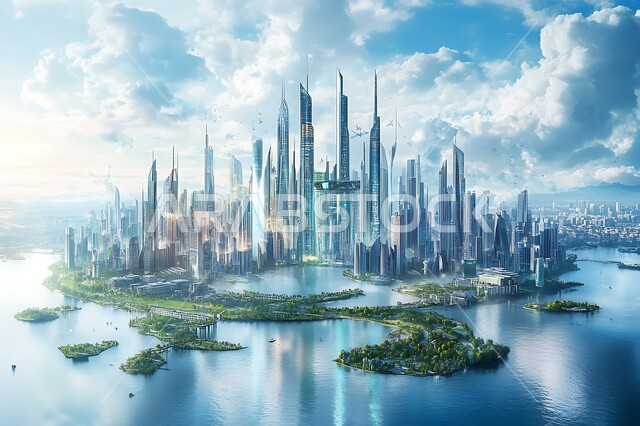 منظر تخيلي مستقبلي للتقدم و النمو العمراني للمنشآت والمباني التجارية ، مفهوم تطوير وتحسين البنية التحتية، الفن الهندسي المعماري للأبراج وناطحات السحاب، رؤية مستقبلية سعودية 2030، الأجواء الضبابية في السماء