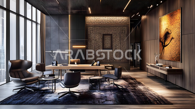 مكتب بديكور راقي على الطراز الحديث, تجهيزات مكتبية أنيقة مع أثاث مكتبي مريح، تصاميم حديثة لمكاتب الشركات في المملكة العربية السعودية, التصميم الداخلي والديكورات العصرية الفاخرة
