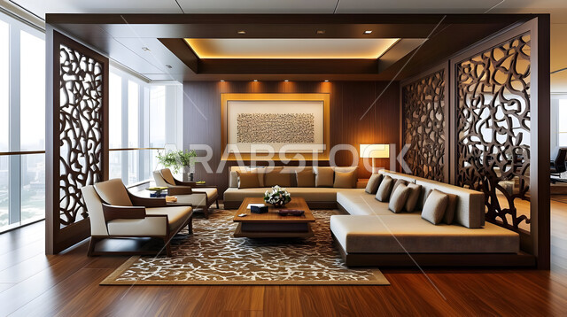 اكسسوارات و تحف عصرية, الديكورات الداخلية الراقية للفلل و الشقق السكنية في المملكة العربية السعودية, غرفة معيشة مع أثاث منزلي فاخر, التصاميم الأنيقة لغرف الجلوس المريحة على الطراز الحديث