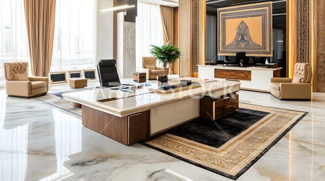 مكتب بديكور راقي على الطراز الحديث, تجهيزات مكتبية أنيقة مع أثاث مكتبي مريح، تصاميم حديثة لمكاتب الشركات في المملكة العربية السعودية, التصميم الداخلي والديكورات العصرية الفاخرة