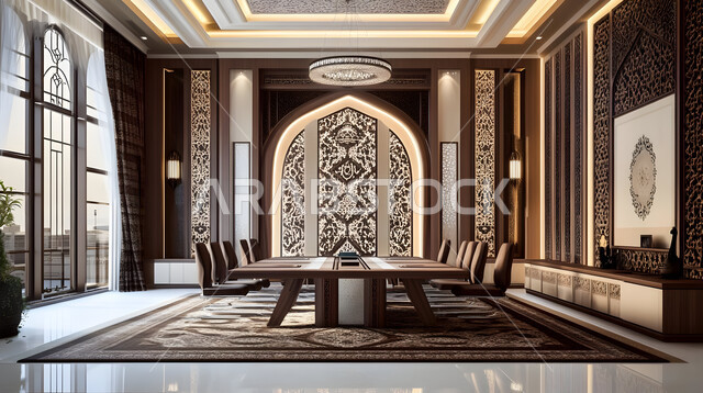 غرفة اجتماعات واسعة مع طاولة محاطة بكراسي، غرف مكتبية بتصاميم وديكورات داخلية فخمة، التصميم العصري الحديث للمكاتب في شركات المملكة العربية السعودية