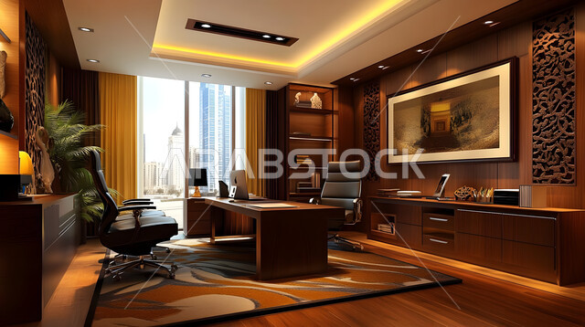 مكتب بديكور راقي على الطراز الحديث, تجهيزات مكتبية أنيقة مع أثاث مكتبي مريح، تصاميم حديثة لمكاتب الشركات في المملكة العربية السعودية, التصميم الداخلي والديكورات العصرية الفاخرة