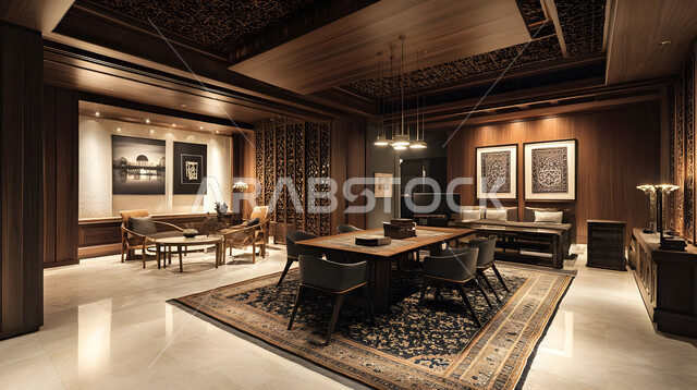 غرفة اجتماعات واسعة مع طاولة محاطة بكراسي، غرف مكتبية بتصاميم وديكورات داخلية فخمة، التصميم العصري الحديث للمكاتب في شركات المملكة العربية السعودية