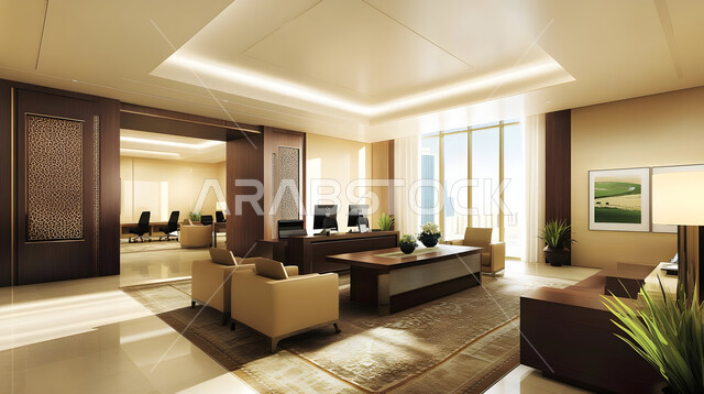 Modern designs for corporate offices in Saudi Arabia, luxury modern interior design and decorations, office with high-end modern style decoration, elegant office equipment with comfortable office furniture