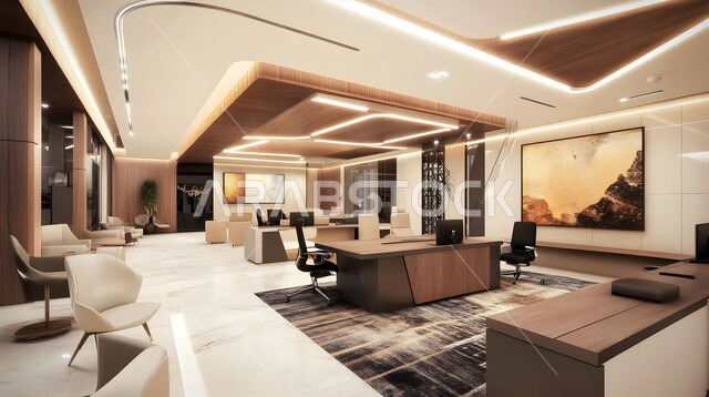 Modern designs for corporate offices in Saudi Arabia, luxury modern interior design and decorations, office with high-end modern style decoration, elegant office equipment with comfortable office furniture