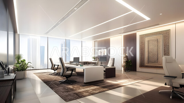 تجهيزات مكتبية أنيقة مع أثاث مكتبي مريح، تصاميم حديثة لمكاتب الشركات في المملكة العربية السعودية, التصميم الداخلي والديكورات العصرية الفاخرة، مكتب بديكور راقي على الطراز الحديث