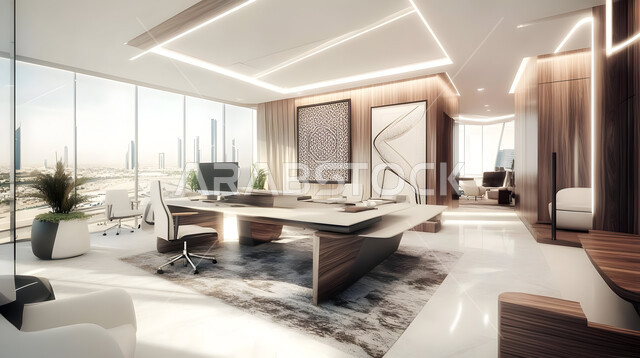 تجهيزات مكتبية أنيقة مع أثاث مكتبي مريح، تصاميم حديثة لمكاتب الشركات في المملكة العربية السعودية, التصميم الداخلي والديكورات العصرية الفاخرة، مكتب بديكور راقي على الطراز الحديث