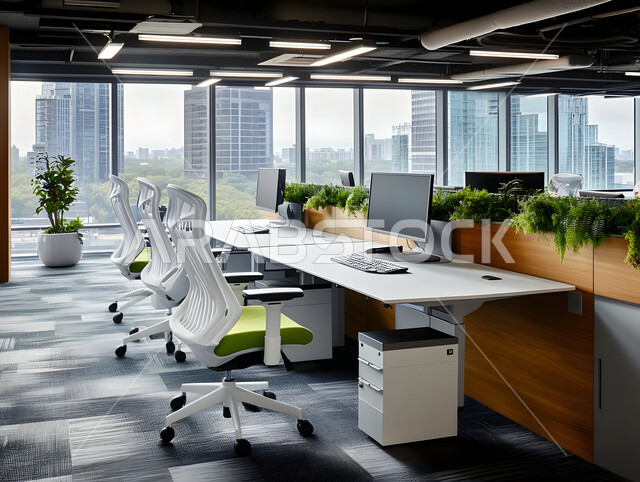 Large glass facades, elegant office equipment with comfortable office furniture, modern designs for corporate offices in Saudi Arabia, luxury modern interior design and decorations, office with high-end modern style decoration