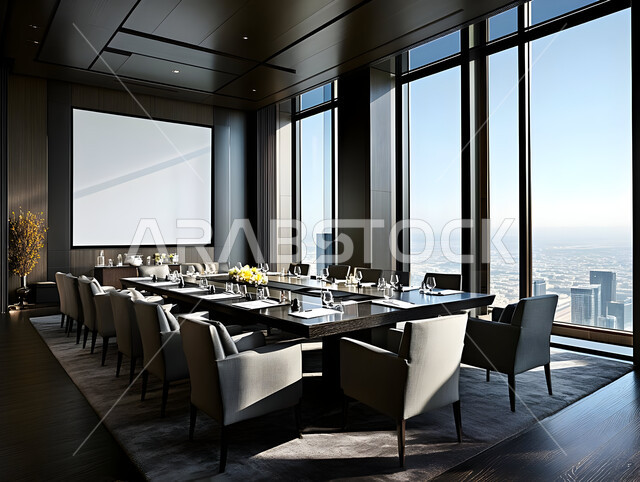 التصميم العصري الحديث للمكاتب في شركات المملكة العربية السعودية، الواجهات الزجاجية الكبيرة، غرفة اجتماعات واسعة مع طاولة محاطة بكراسي، غرف مكتبية بتصاميم وديكورات داخلية فخمة