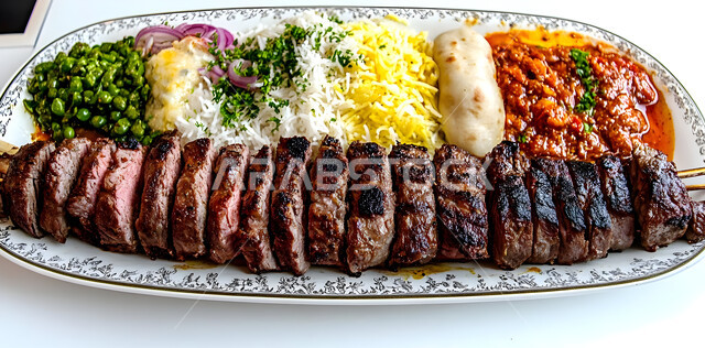 أطباق الباربكيو الشهية، طبق من اللحم المشوي مع المقبلات والخضراوات الطازجة، مطاعم الشواء في المملكة العربية السعودية، وجبات الطعام اللذيذة الصحية، مأكولات وأصناف عربية شرقية، خلفية بيضاء