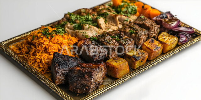 أطباق الباربكيو الشهية، طبق من اللحم المشوي مع المقبلات والخضراوات الطازجة، مطاعم الشواء في المملكة العربية السعودية، وجبات الطعام اللذيذة الصحية، مأكولات وأصناف عربية شرقية، خلفية بيضاء